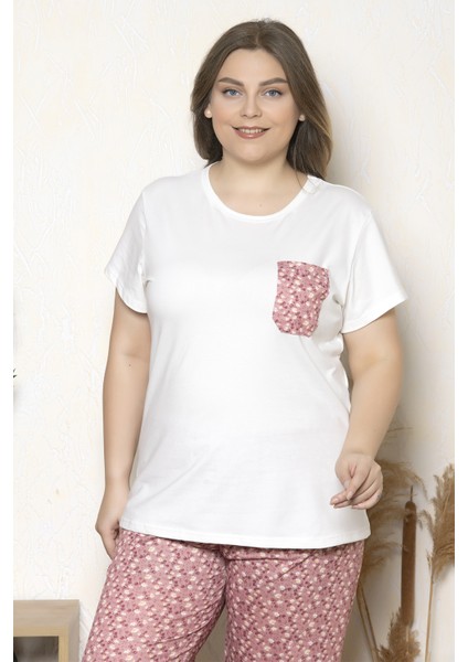 Büyük Beden Pembe Renkli Çiçek Desenli Kısa Kollu Battal Pijama Takımı B-19
