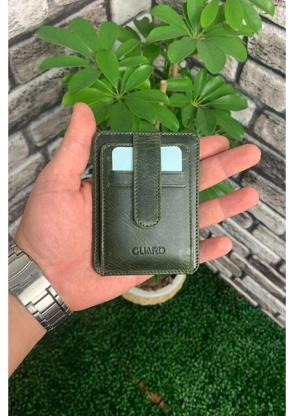 Hakiki Deri Dikey Crazy Yeşil Unisex Kartlık (T1471)