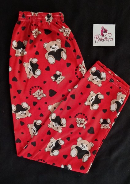 Kırmızı Kumaş Üzerinde Ayıcık Desenli Pijama Altı