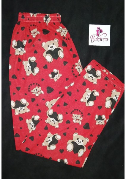 Kırmızı Kumaş Üzerinde Ayıcık Desenli Pijama Altı