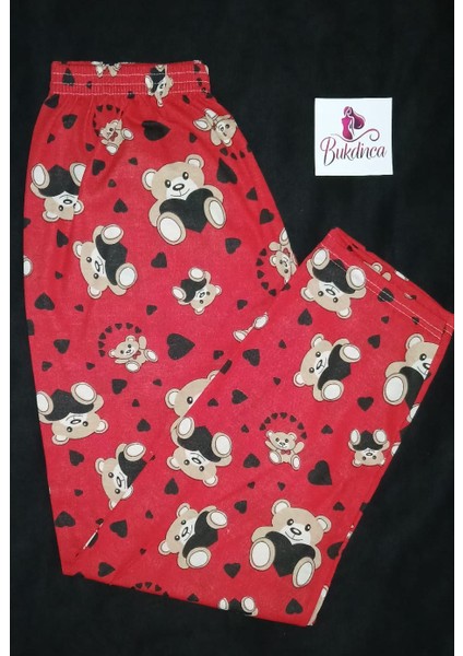 Kırmızı Kumaş Üzerinde Ayıcık Desenli Pijama Altı