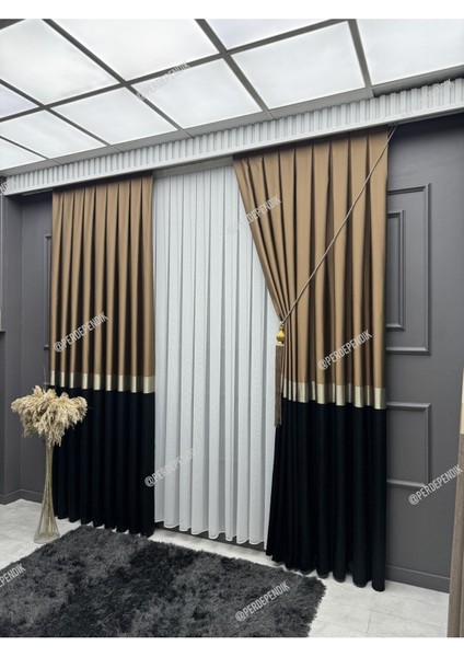 Siyah Gold Kahve Detaylı Gri Pano Fon Perde - Tek Kanat Şık Tasarım, Modern ve Kaliteli Fon Perde
