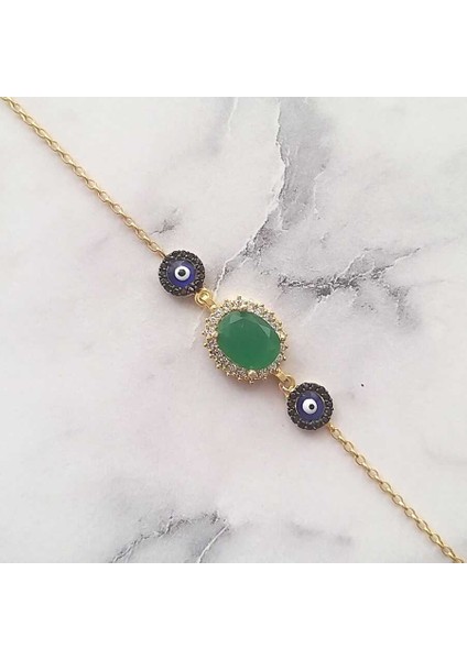 925 Ayar Gümüş Peridot Taşlı & Mineli Nazar Boncuklu Bileklik