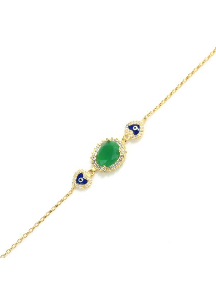 925 Ayar Gümüş Peridot Taşlı & Kalp Nazar Boncuklu Bileklik