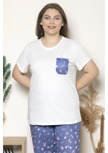Büyük Beden Mavi Renkli Çiçek Desenli Kısa Kollu Battal Pijama Takımı B-17