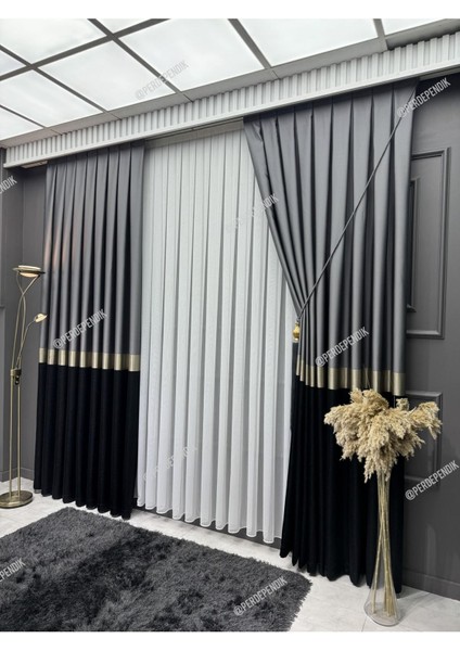 Pano Fon Perde,elegans Seri Azra Desen Siyah Gold Gri