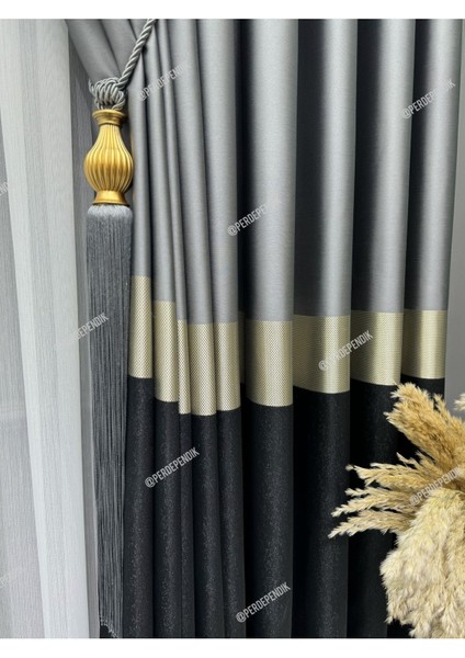 Pano Fon Perde,elegans Seri Azra Desen Siyah Gold Gri