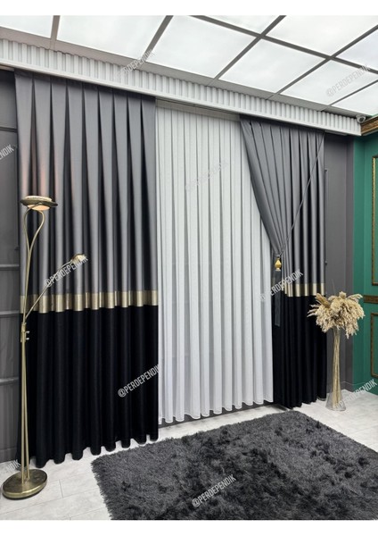 Pano Fon Perde,elegans Seri Azra Desen Siyah Gold Gri