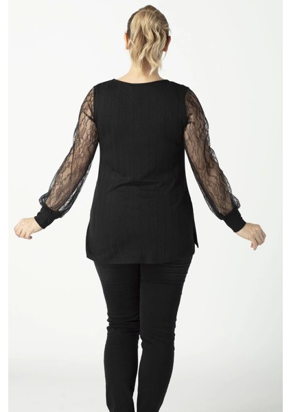 1952 Siyah Kolu Dantelli Şık Esnek Büyük Beden Triko Bluz modelleri