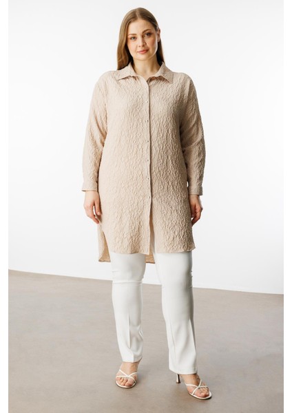 Moda Ilgi Kadın Büyük Beden Gofre Kumaş Uzun Tunik 4218 Taş