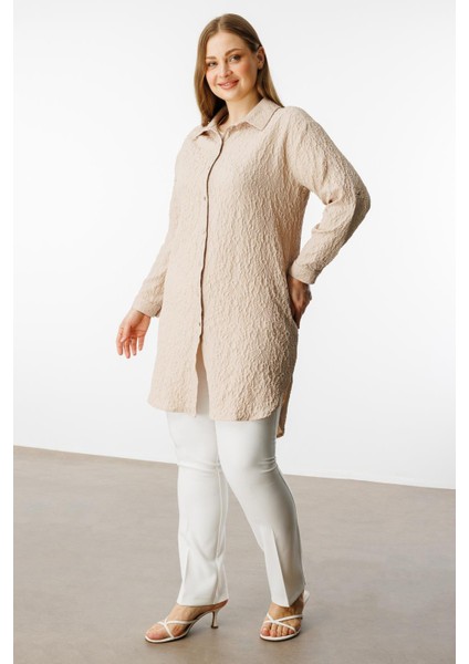 Moda Ilgi Kadın Büyük Beden Gofre Kumaş Uzun Tunik 4218 Taş