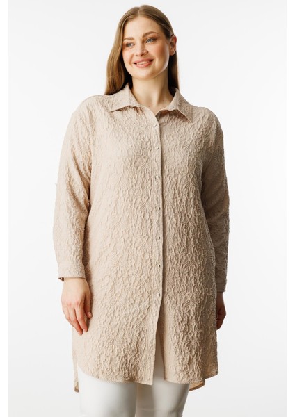 Moda Ilgi Kadın Büyük Beden Gofre Kumaş Uzun Tunik 4218 Taş