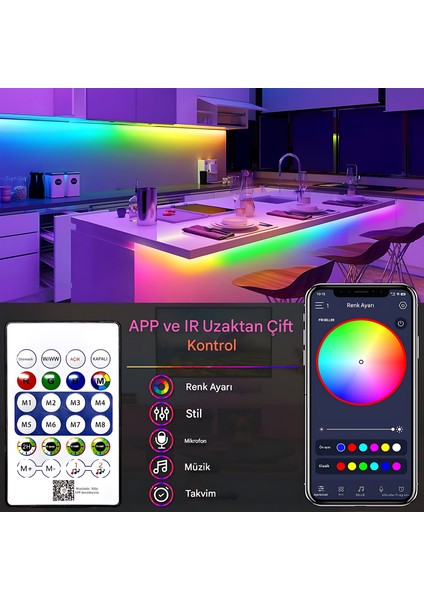 5V Rgb Neon Şerit LED Lamba 3M-5M-10M Telefon ve Kumanda ile Kontrol Sınırsız Renk Tak Çalıştır