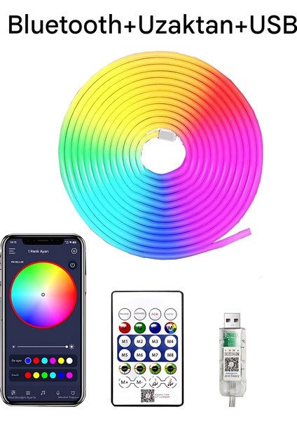 5V Rgb Neon Şerit LED Lamba 3M-5M-10M Telefon ve Kumanda ile Kontrol Sınırsız Renk Tak Çalıştır
