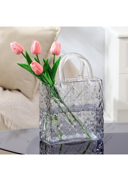 Çanta Vazo Köşeli Model Cam Çiçek Vazosu Dekoratif Antrasit Vazo Büyük Boy Glass Bag Vase