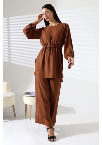 Kadın Tesettür Ayrobin Kuşaklı Tunik Pantolon Ikili Takım indirimleri