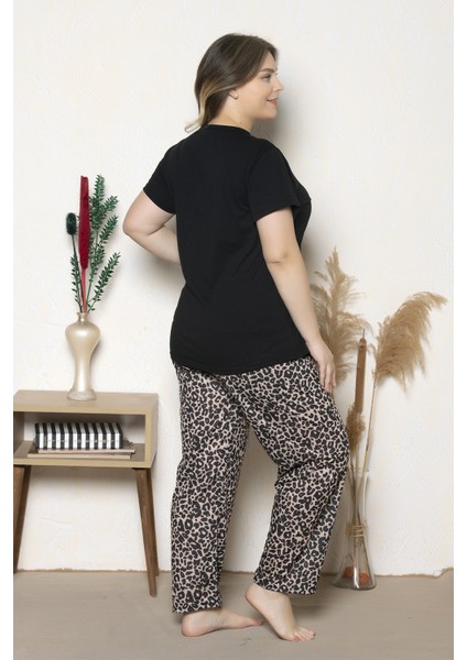 Büyük Beden Siyah Renkli Desenli Kısa Kollu Battal Pijama Takımı B-16 fırsatları