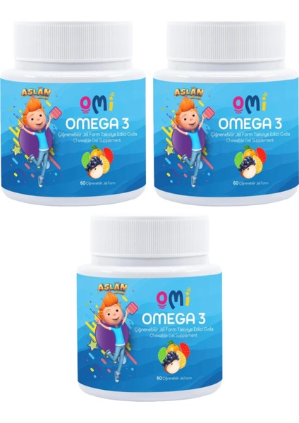 3 Adet Omega 3 Çiğnenebilir Jel Form 60 Gummies Yumuşak Şeker - Aslan Buluşçu Trt Çocuk