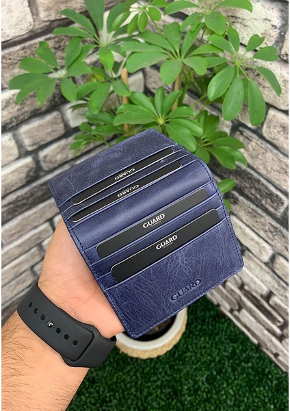 Derije Hakiki Deri Antik Lacivert Patlı Tasarım Unisex Kartlık (T1445)