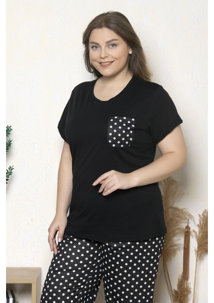 Büyük Beden Siyah Renkli Puantiye Desenli Kısa Kollu Battal Pijama Takımı B-13