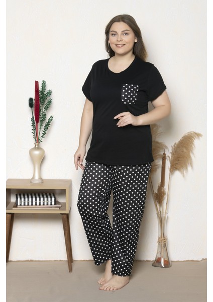 Büyük Beden Siyah Renkli Puantiye Desenli Kısa Kollu Battal Pijama Takımı B-13 fiyatları