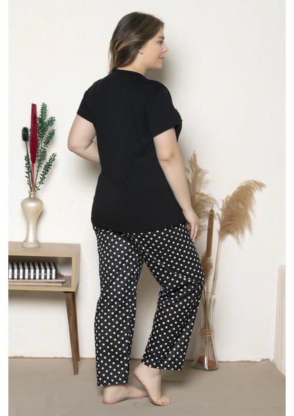 Büyük Beden Siyah Renkli Puantiye Desenli Kısa Kollu Battal Pijama Takımı B-13 fırsatları
