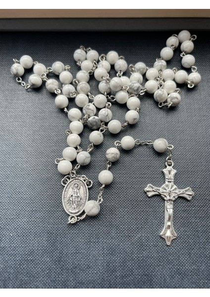 6mm Havlit Doğal Taş Katolik Hristiyan Rosary Tesbih / Haç Kolye -Gümüş Rengi