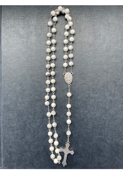 6mm Havlit Doğal Taş Katolik Hristiyan Rosary Tesbih / Haç Kolye -Gümüş Rengi