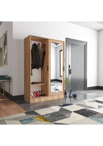 Aura Dual Pine Portmanto Vestiyer Ayakkabılık Aynalı 2 Sürgü Kapaklı