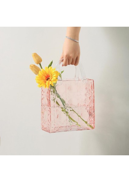 Çanta Vazo Köşeli Model Cam Çiçek Vazosu Dekoratif Pembe Vazo Büyük Boy Glass Bag Vase