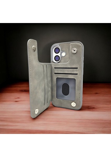 Apple iPhone 16 Premium Kartlıklı Cüzdanlı Gri Deri Kılıf – Şıklığa Dokunun