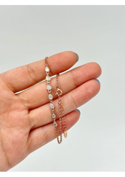 Kadın 925 Ayar Damla Taşlı Gümüş Bileklik Rose Gold modelleri