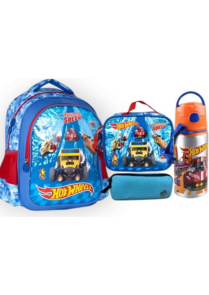 Hot Wheels Lisanslı Okul Çantası , Beslenme Çantası , Çift Gözlü Kalemlik - Alüminyum Matara Hediyeli