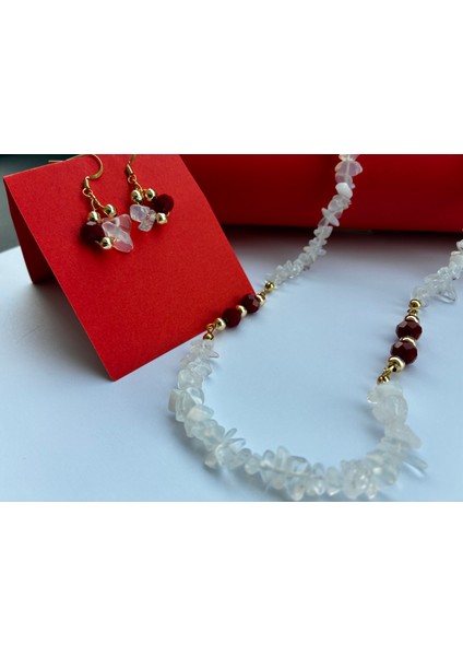 Doğal Opal Kırık Taş ve Kırmızı Kıristal Boncuklu Kolye Küpe Seti