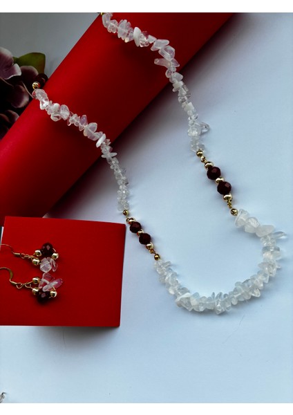 Doğal Opal Kırık Taş ve Kırmızı Kıristal Boncuklu Kolye Küpe Seti