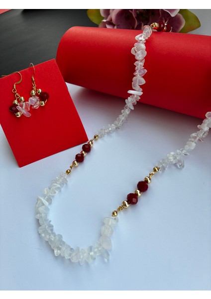 Doğal Opal Kırık Taş ve Kırmızı Kıristal Boncuklu Kolye Küpe Seti