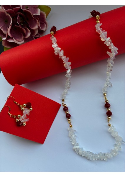 Doğal Opal Kırık Taş ve Kırmızı Kıristal Boncuklu Kolye Küpe Seti