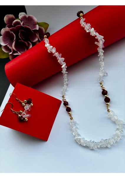 Doğal Opal Kırık Taş ve Kırmızı Kıristal Boncuklu Kolye Küpe Seti