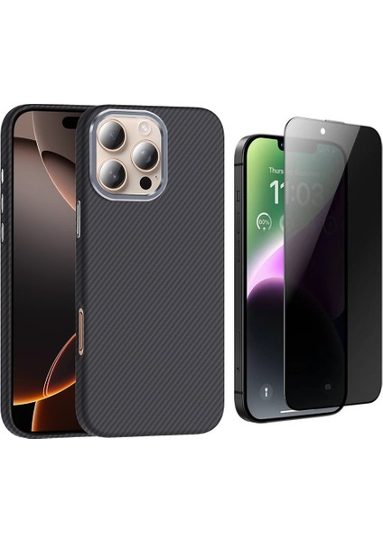 iPhone 16 Pro Max Kılıf Magsafe Şarj Özellikli Karbon Fiber Görünümlü Zore Gros Kapak + Hayalet Ekran Koruyucu