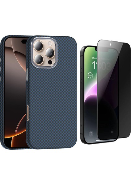 iPhone 16 Pro Max Kılıf Magsafe Şarj Özellikli Karbon Fiber Görünümlü Zore Gros Kapak + Hayalet Ekran Koruyucu
