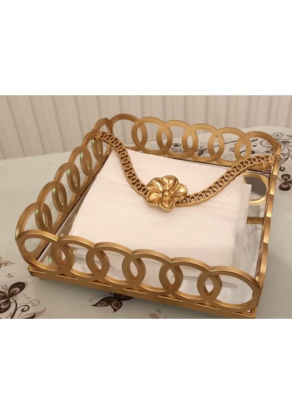 Brave Valıant 1 Adet Aynalı Halka Lüx Gold Sunum Kare Peçetelik 18X18 &dekor