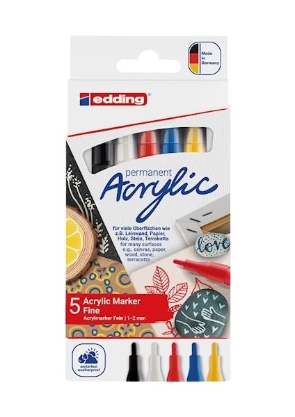 5300 Akrilik Markör 5'li Set, Temel Renkler, 5 Akrilik Boya Kalemi Seti, Ince Yuvarlak Uç 1-2 mm