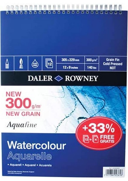 Rowney Aquafine Sp 300 Gsm 254 x 178 mm (25,4 x 17,8 Cm) 12 Yaprak-Spiral