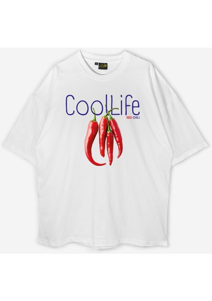 Cool Life Kırmızı Biber Baskılı Kadın Oversize Beyaz Tshirt