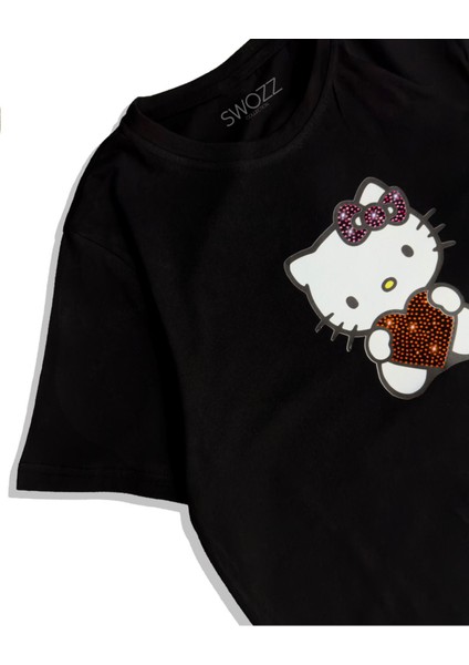 Hello Kitty Taş Kristal Taşlı Baskılı Kadın Premium T-Shirt - Siyah
