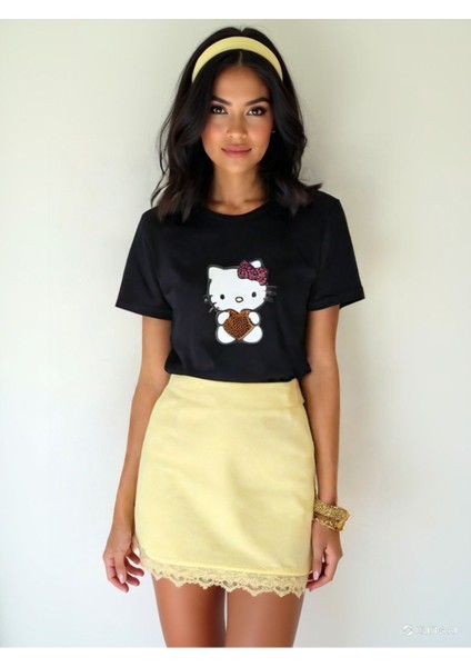 Hello Kitty Taş Kristal Taşlı Baskılı Kadın Premium T-Shirt - Siyah