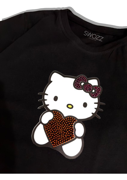 Hello Kitty Taş Kristal Taşlı Baskılı Kadın Premium T-Shirt - Siyah
