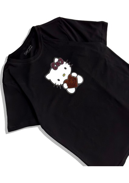 Hello Kitty Taş Kristal Taşlı Baskılı Kadın Premium T-Shirt - Siyah