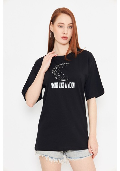 Taş Baskılı Tshirt Oversize Ay Gibi Parla