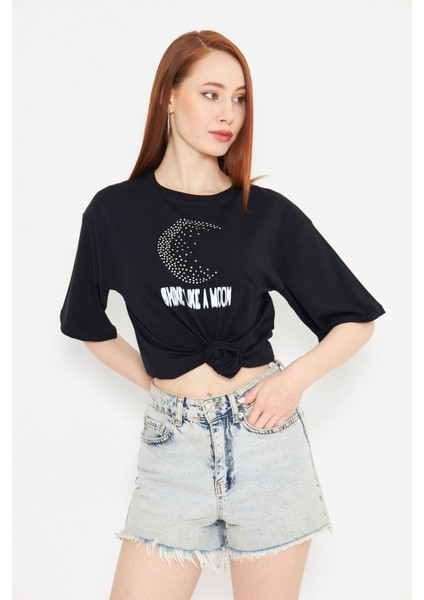 Taş Baskılı Tshirt Oversize Ay Gibi Parla